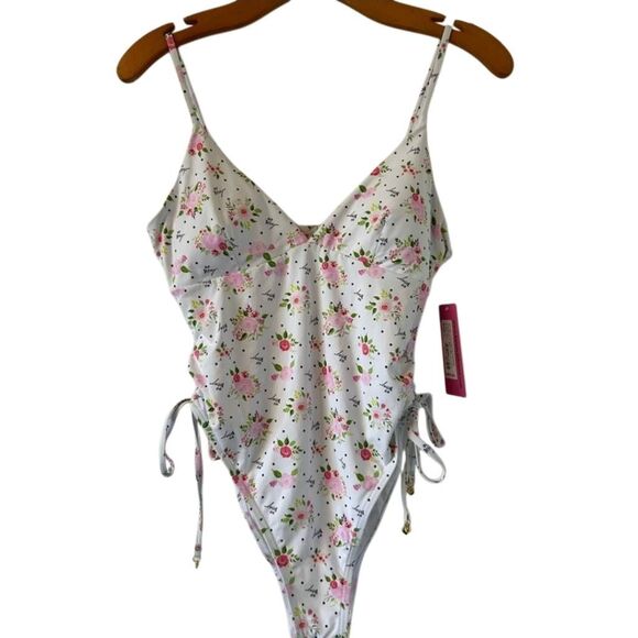 Betsey Johnson Polkadot Bouquet One Piece V-Neck Swimsuit - Picture 3 of 8